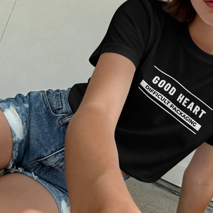 Good Heart, Difficult Packaging – Dry Humour Black T-Shirt
